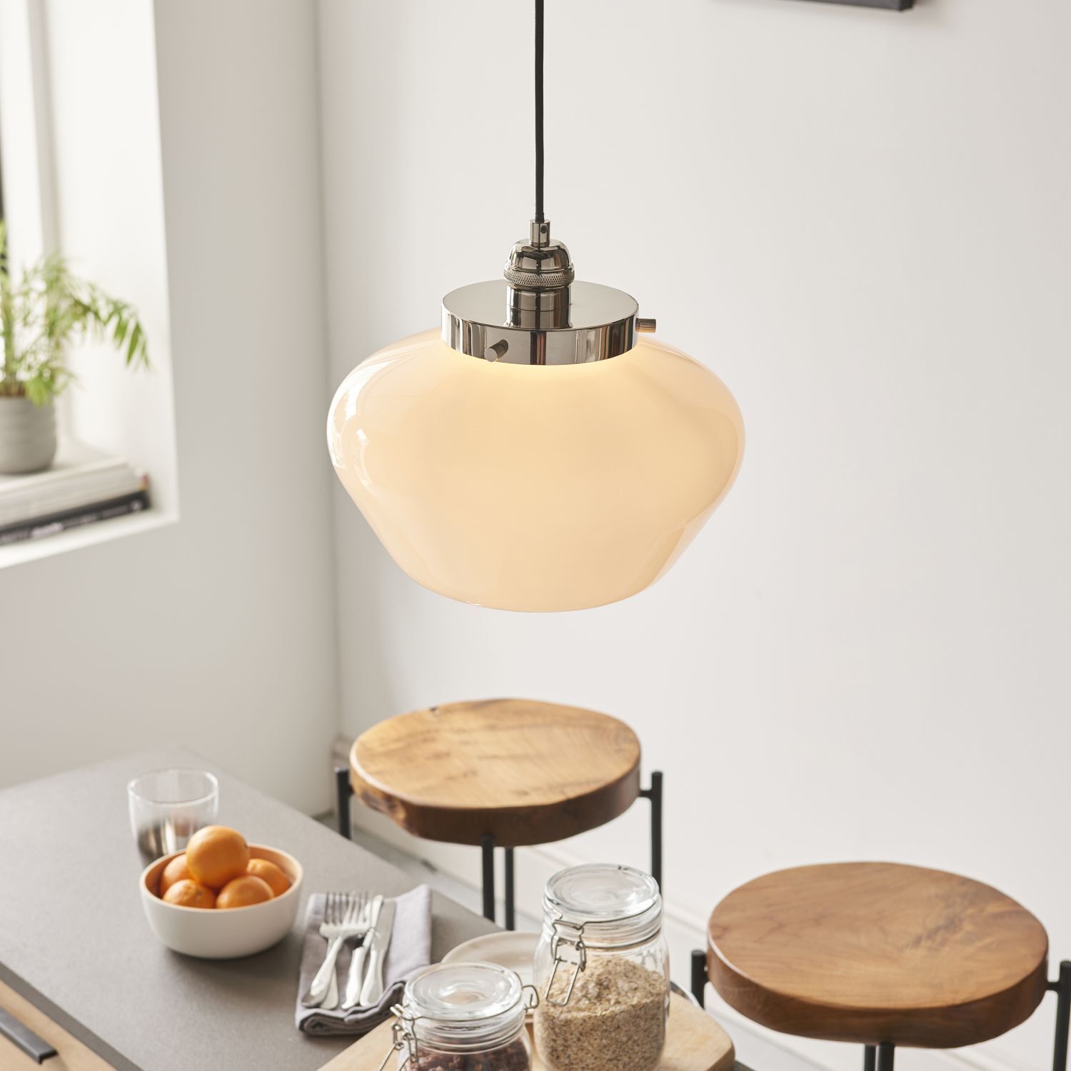 Lampe à suspendre vintage chrome blanc en verre métal Ø 30 cm E27