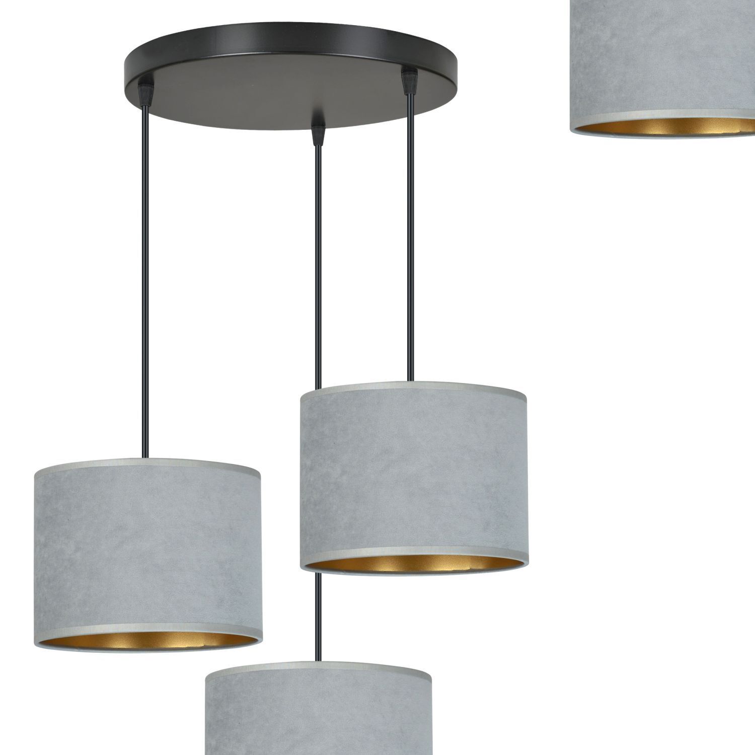 Lampe à suspendre 3 flammes E27 tissu métal noir gris or