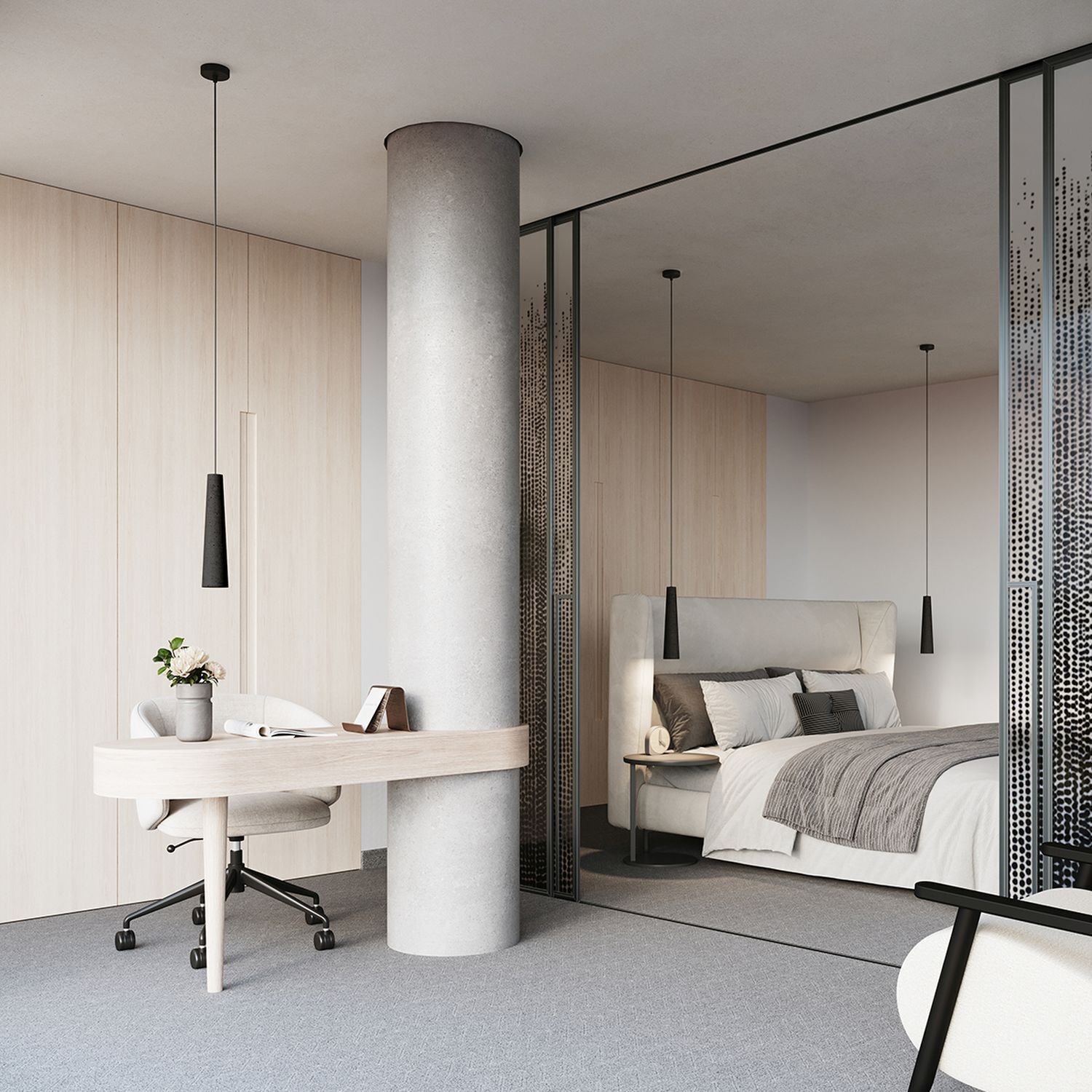 Schreibtisch, Arbeitsplatz, modernes Interieur, neutrale Töne, Schlafzimmerbereich