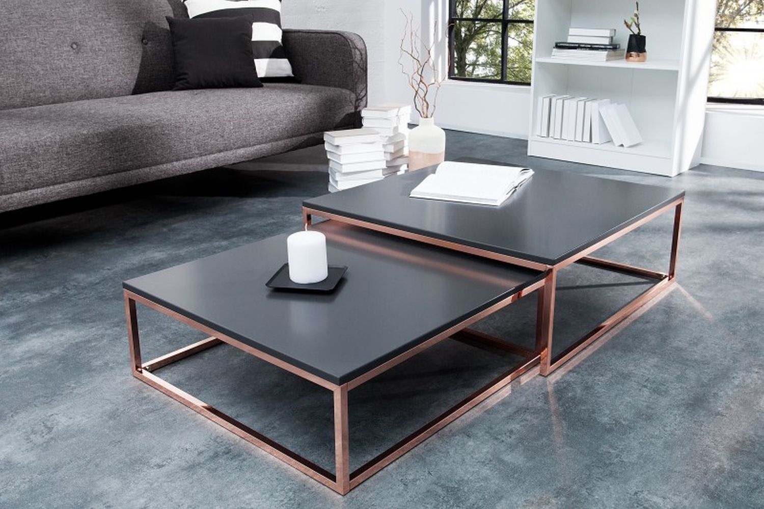 Table basse MDF métal set de 2 pièces en anthracite cuivre Kaffeetisch, Mobiliar, Tabelle, Tischplatte, Couch