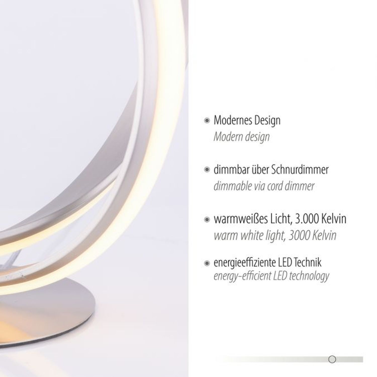 Lampe de table LED courbe en métal argenté à intensité variable Lampe