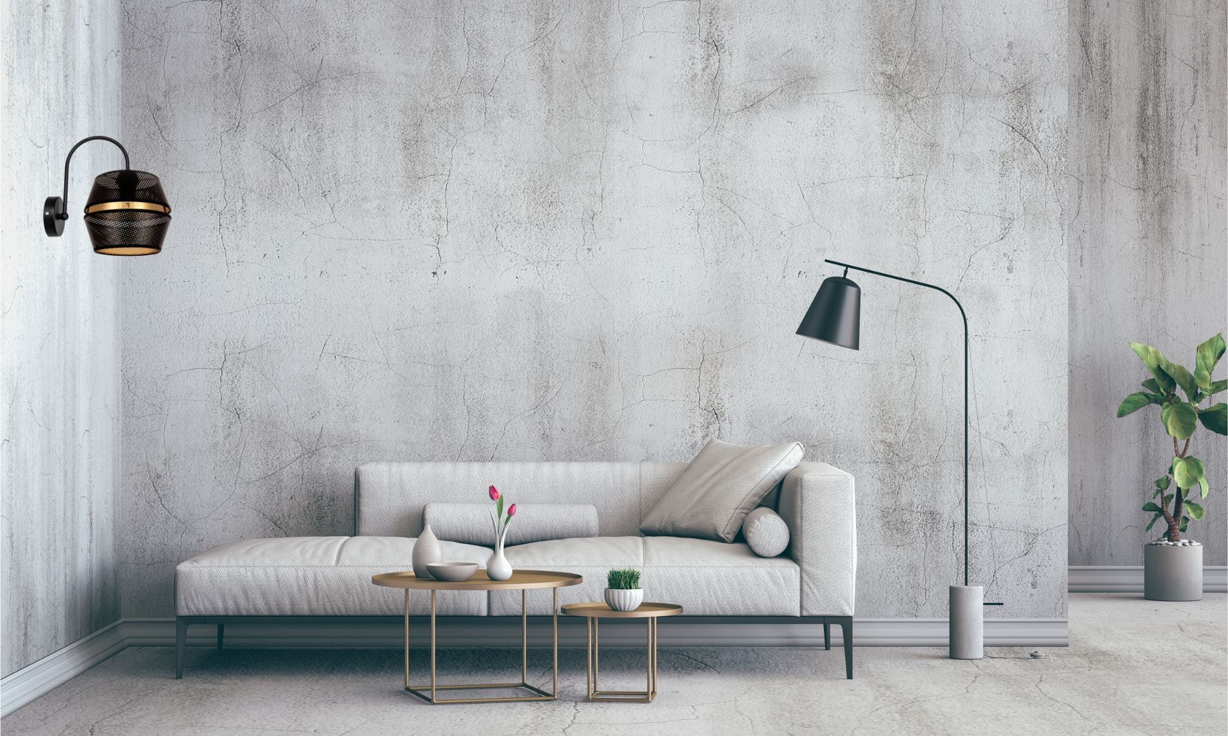 Stilvolle Wandleuchte Metall Schwarz Gold H:25 cm E27 sofa, Wohnzimmer, Betonwand, Stehlampe, Pflanzen
