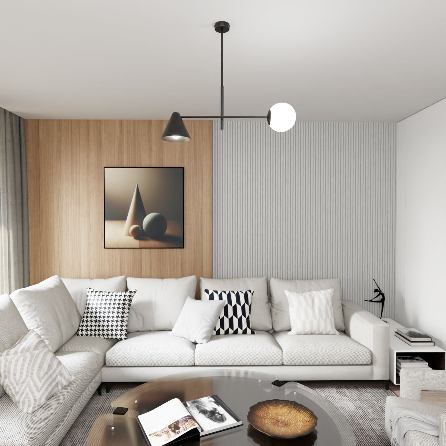 wohnzimmer, sofa, wandpaneel, lampe, kissen