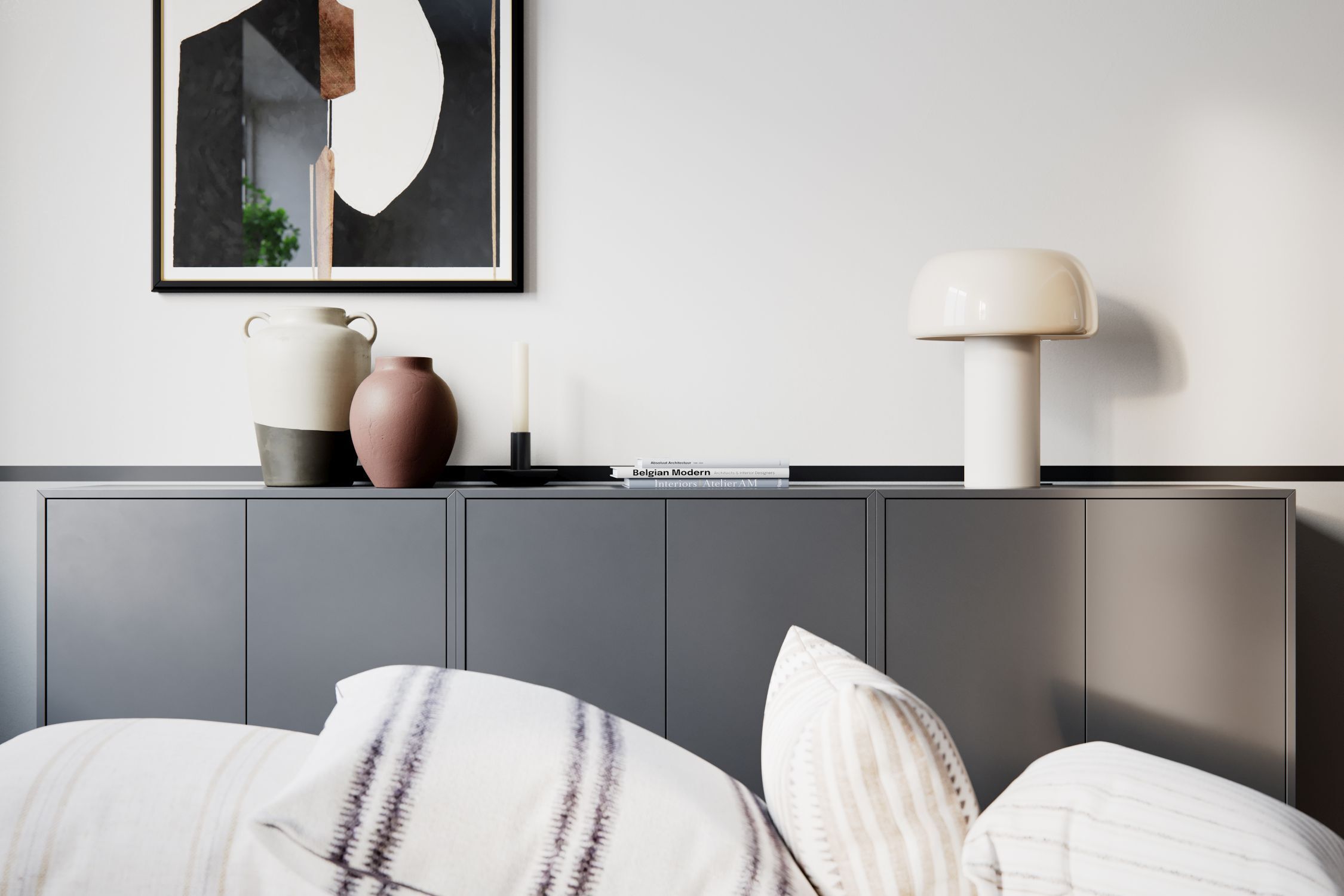 Anrichte, Innenarchitektur, Lampe, Kissen, Dekoration für Zuhause