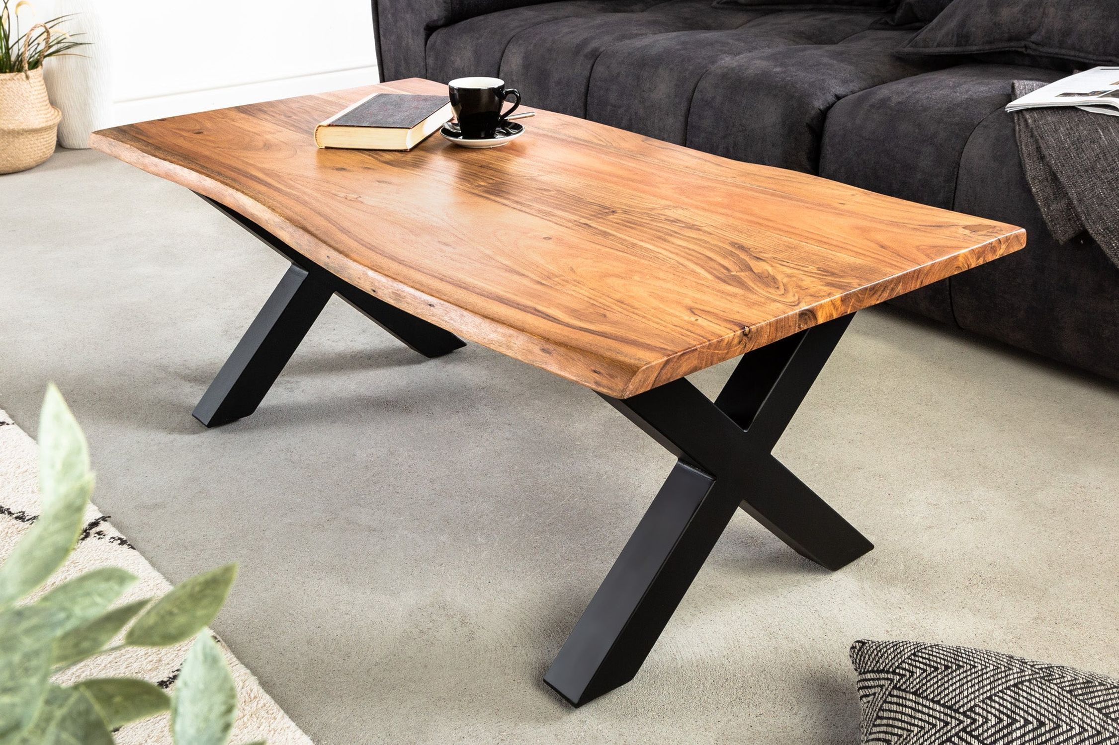 Couchtisch 120 x 60 cm Baumkante x -Beine Industrial Tabelle, Kaffeetisch, Holz, Tischplatte, Hartholz