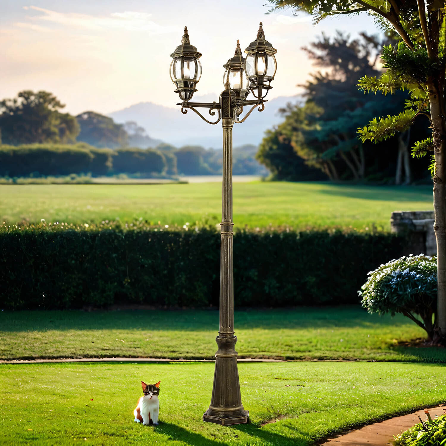 Großer Kandelaber BREST Gold Antik 3xE27 2,1m hoch Gras, Rasen, Park, Laternenpfahl, Katze