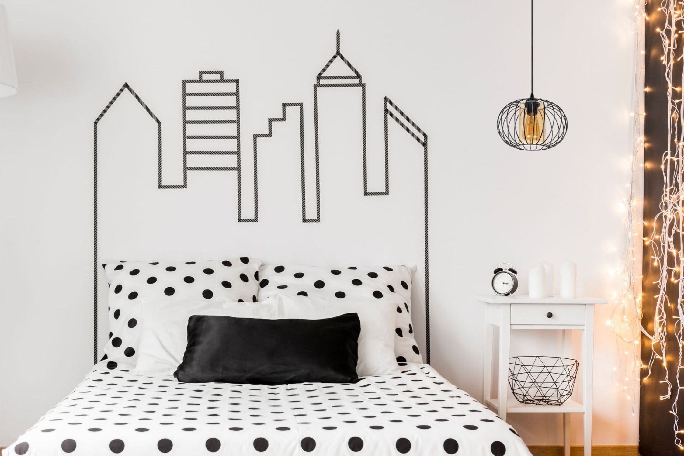 Hängelampe E27 rund Ø25 cm Schwarz Honig blendarm Retro Wanddekoration, Stadt-Silhouette, Bedwäsche, Polka-Dot, Schwarz-Weiß