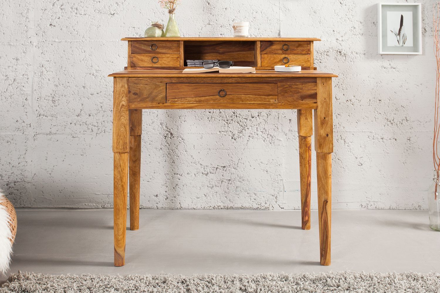 Bureau en bois de sheesham 90 cm en naturel Schreibtisch, Mobiliar, Tabelle, Computer, Anrichte