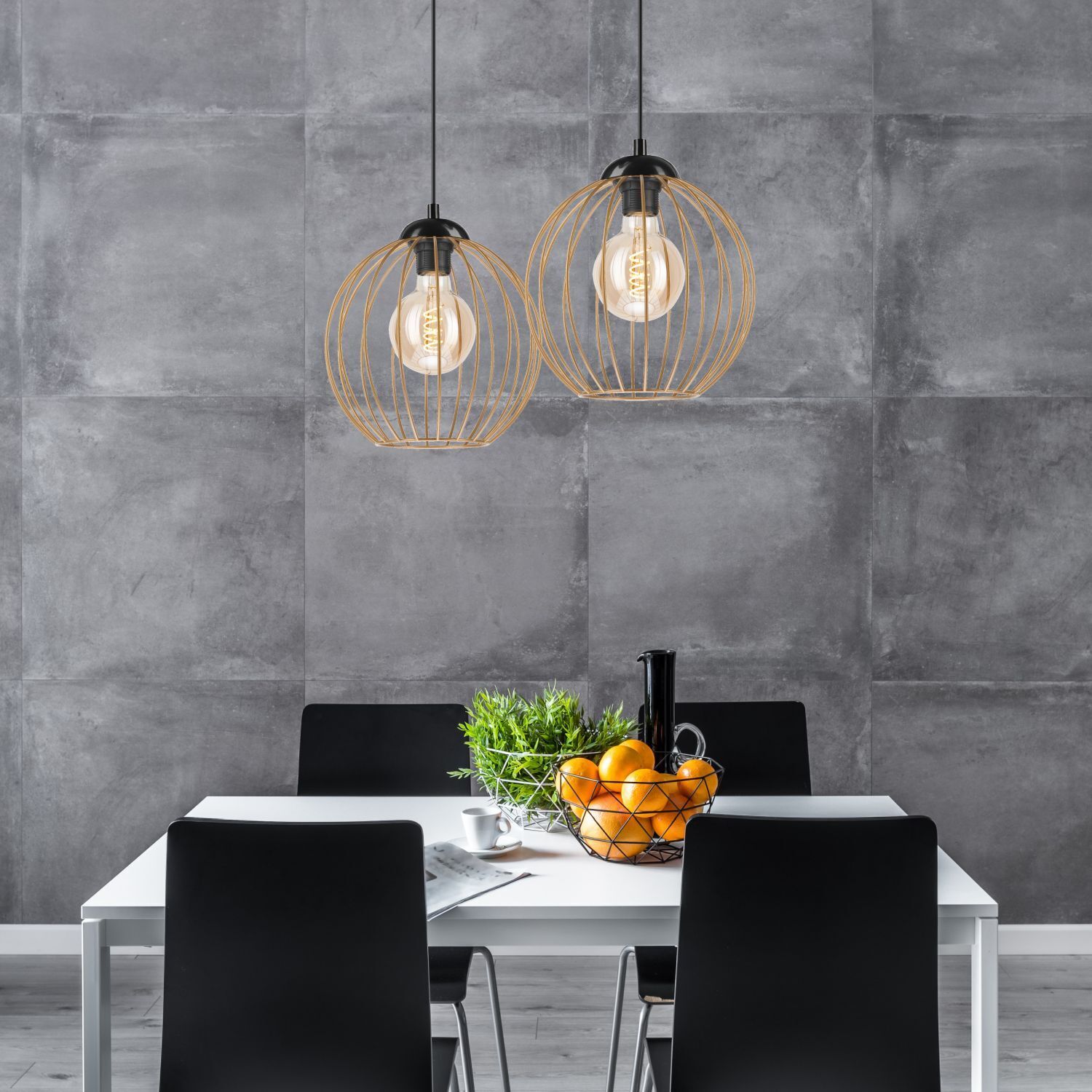 Lampe à suspendre 2 flammes E27 en noir or métal filaire Esszimmer, Esstisch, Tisch, Innenarchitektur, Tischplatte