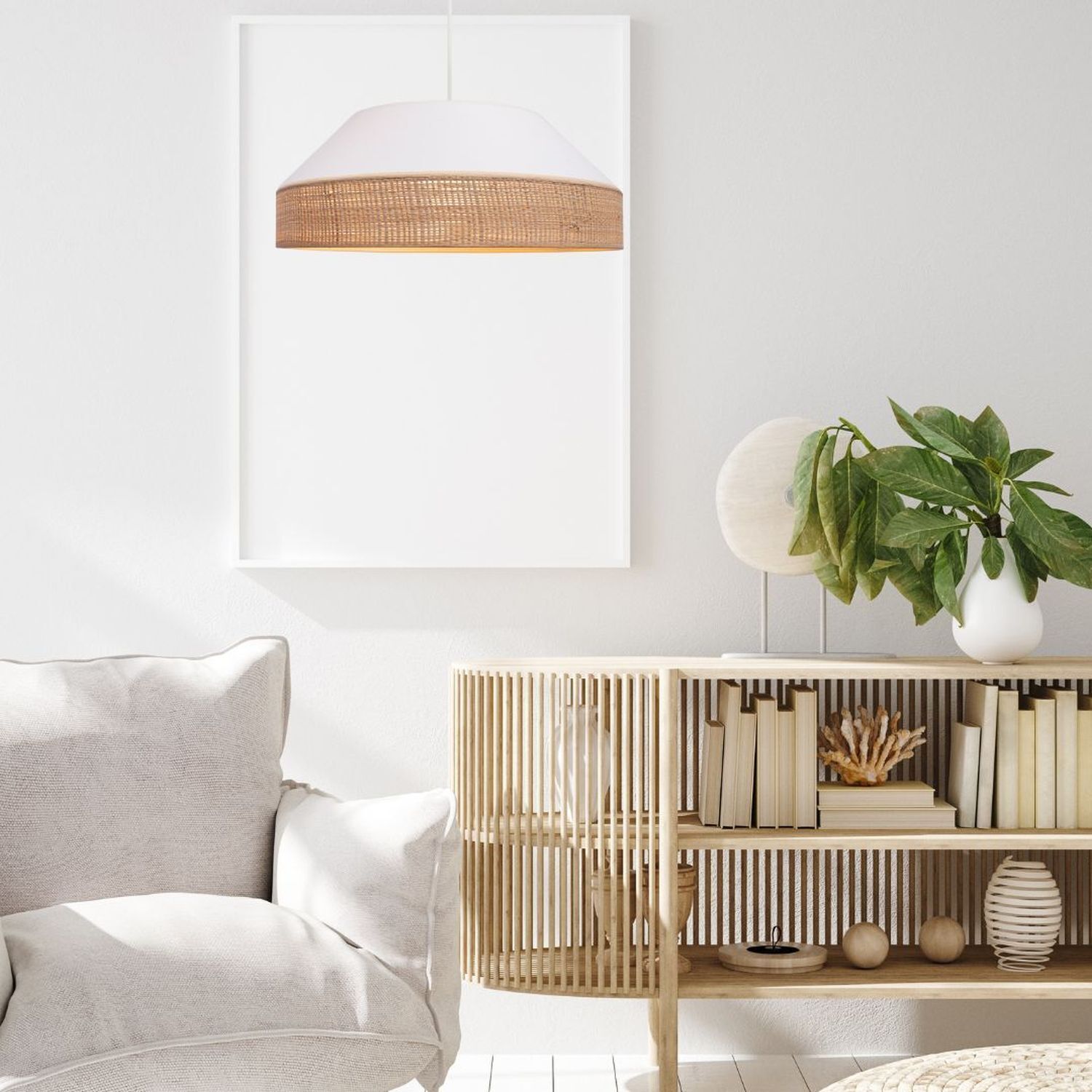 Pauvre suspension tissu rotin E27 Ø45 cm confortable