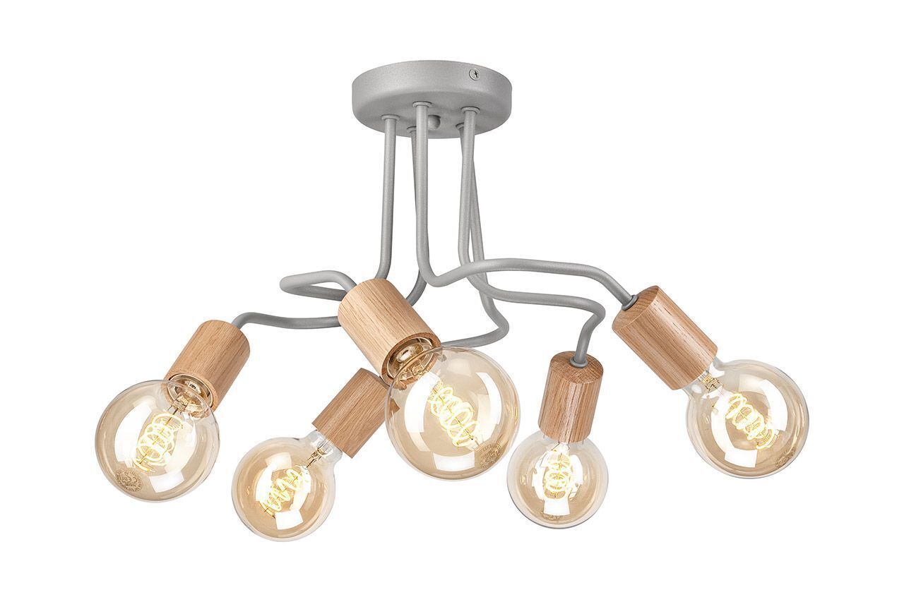 Plafonnier Métal Bois L : 44 cm 5-flamme E27 Gris Rétro