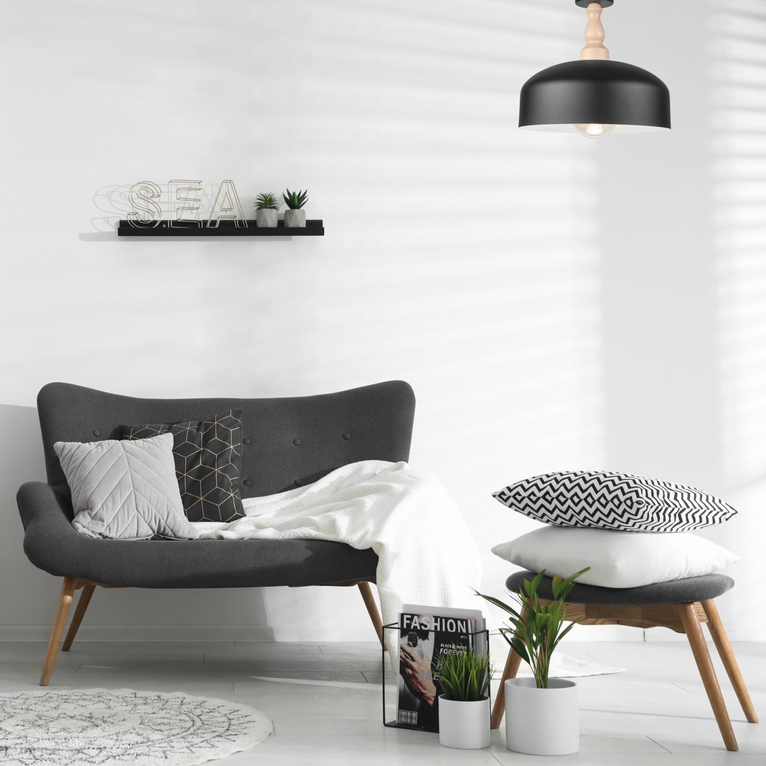 Plafonnier Noir Métal Bois E27 Ø 30 cm Scandinave