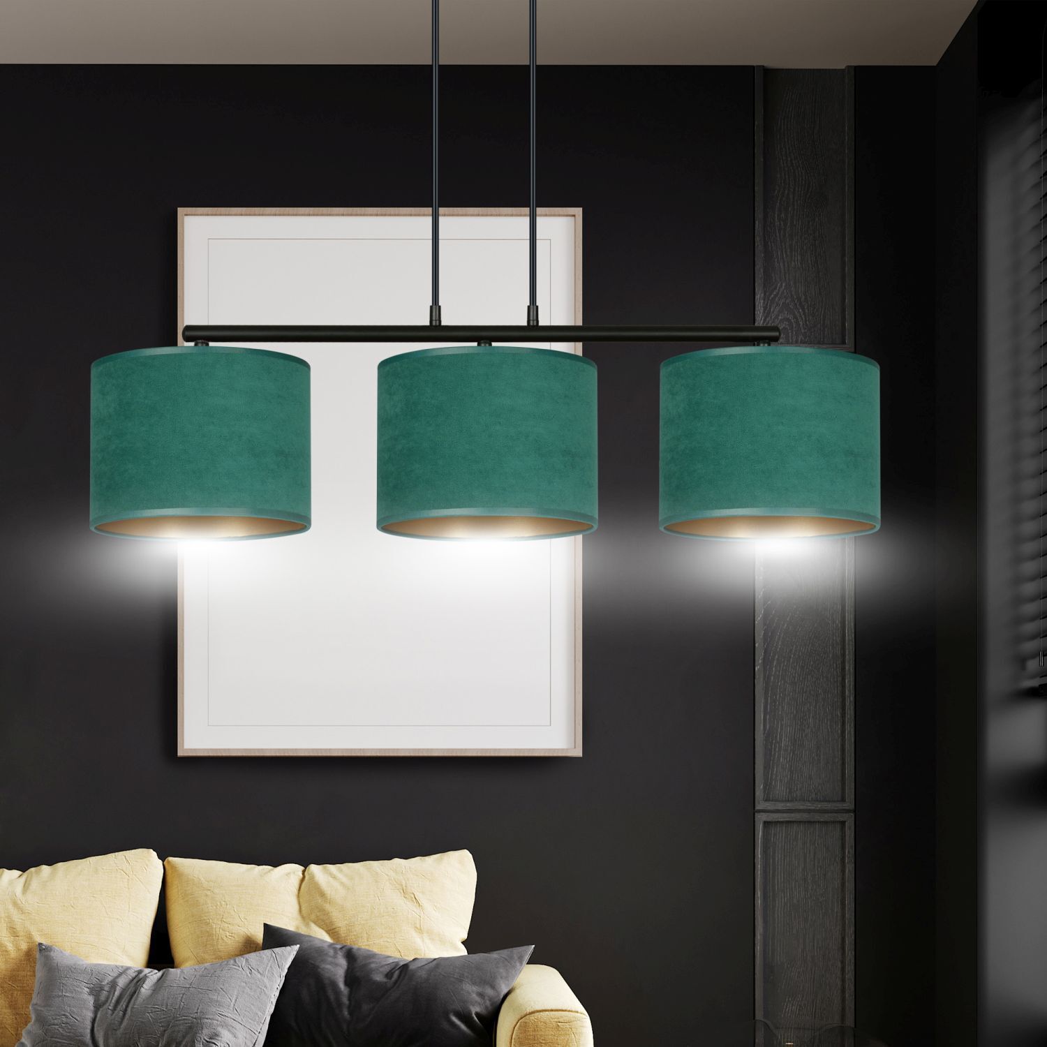 Lampe à suspendre tissu métal L : 72 cm noir vert or 3x E27 Lampe, Leuchte, Deckenleuchte