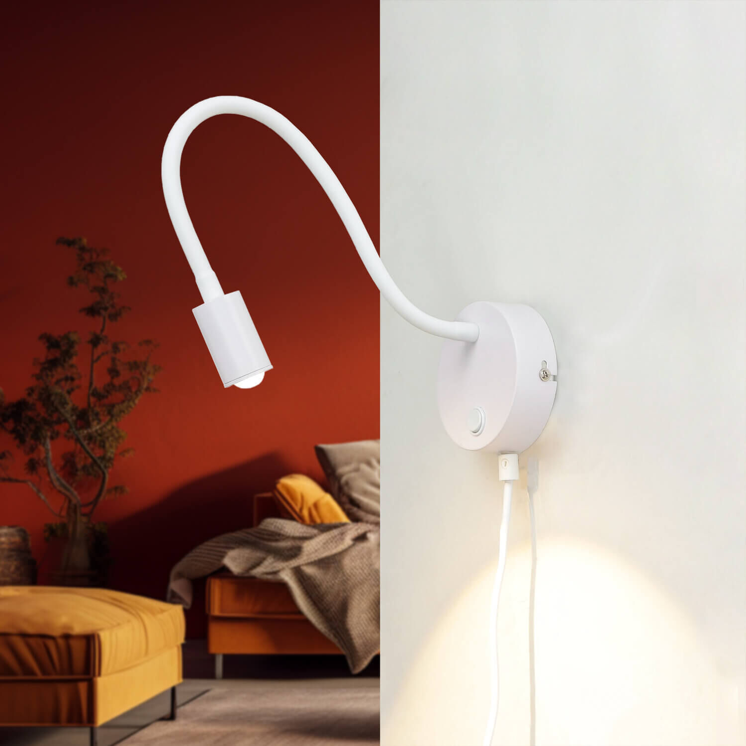 Lampe de lecture LED murale flexible câble interrupteur blanc