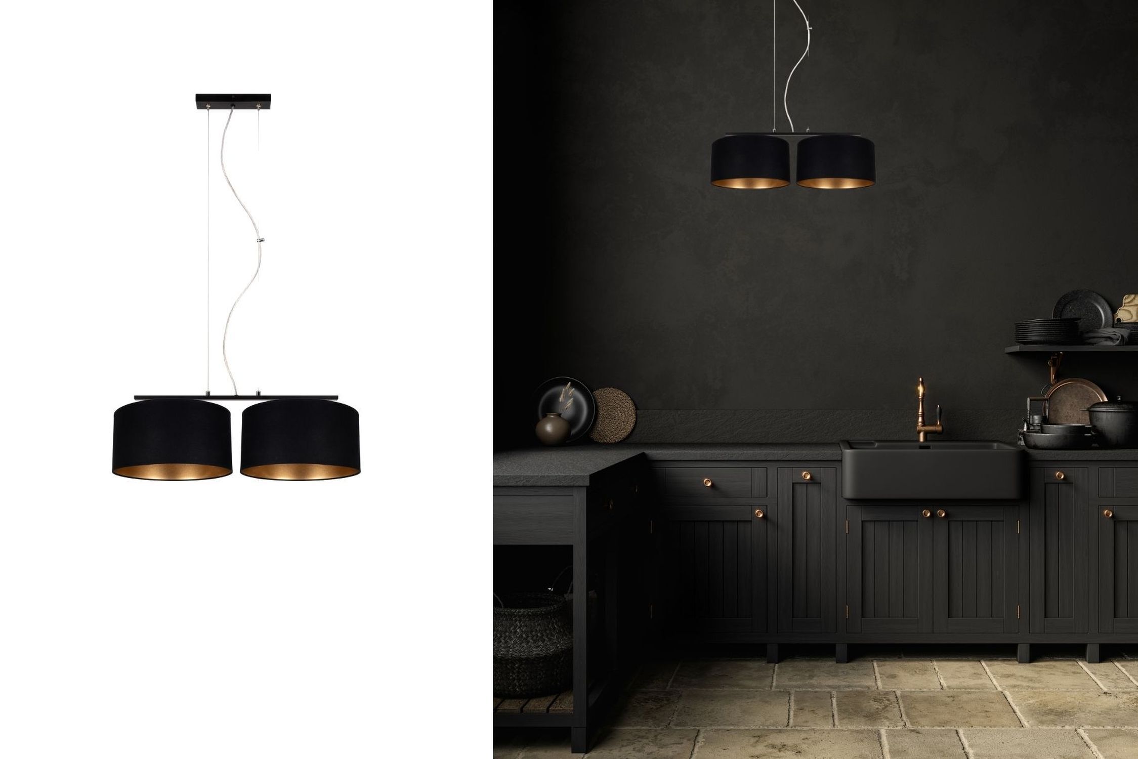 Tissu Lampe à suspendre éblouissante noir or E27 70 cm de long