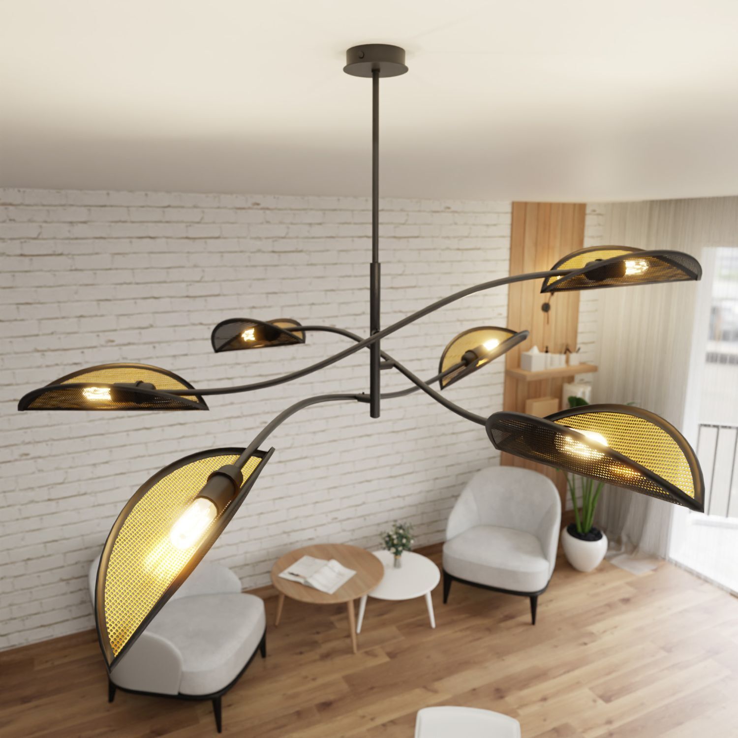 Plafonnier noir or L : 102cm pivotant tissu métal 6xE14