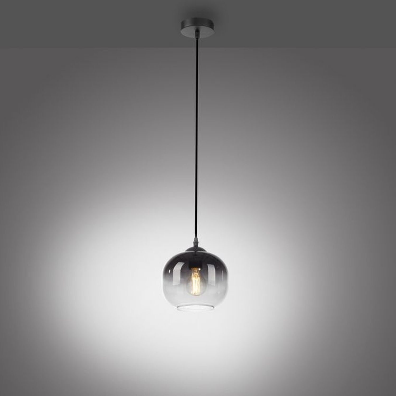 Hängelampe, Glas-Globus, Pendelleuchte, Glühfaden sichtbar, schwarzes Kabel