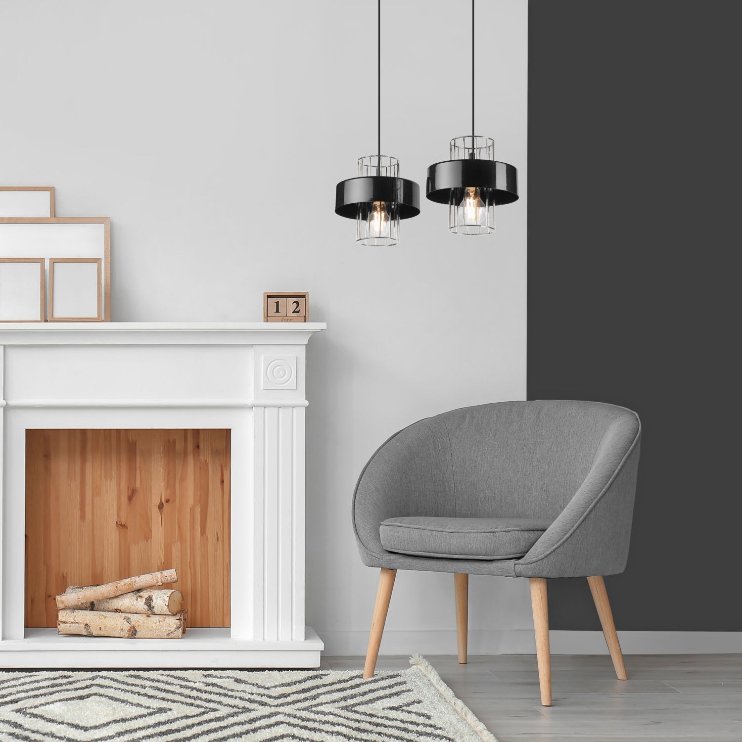Lampe à suspendre Moderne Métal 2 flammes Noir Chrome E27 AFINA