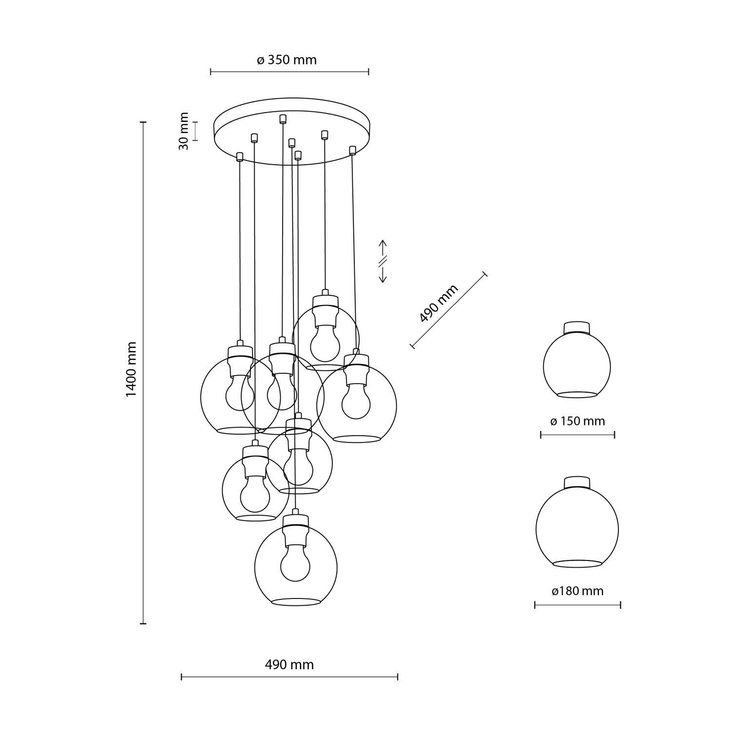 Suspension verre fumé 7x E27 ajustable Abat-jour sphérique