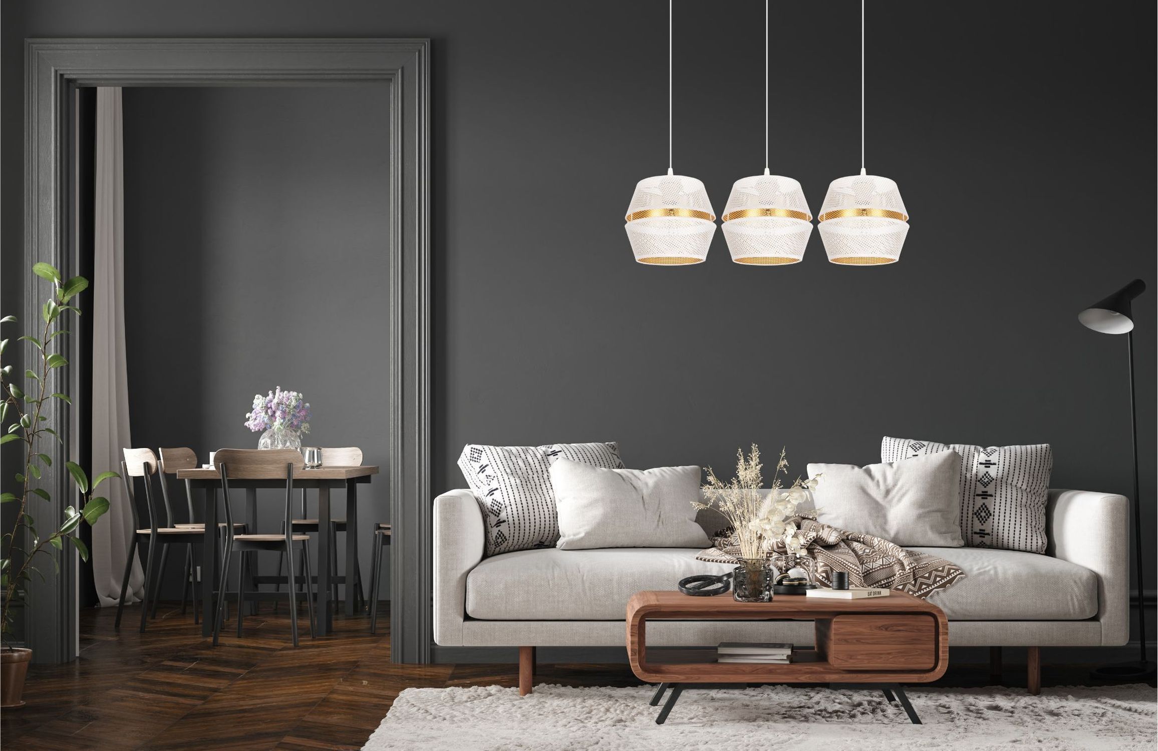 Suspension métal blanc or E27 70 cm long 3-flamme
