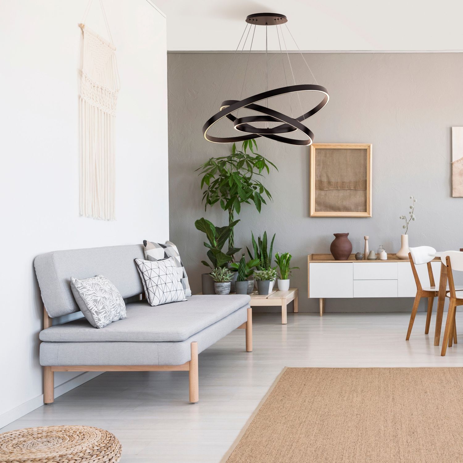 Lustre LED aluminium rond D : 80 cm H : max. 120 cm Dekoration für Zuhause, Mobiliar, Wohnzimmer, Pflanze, Teppich