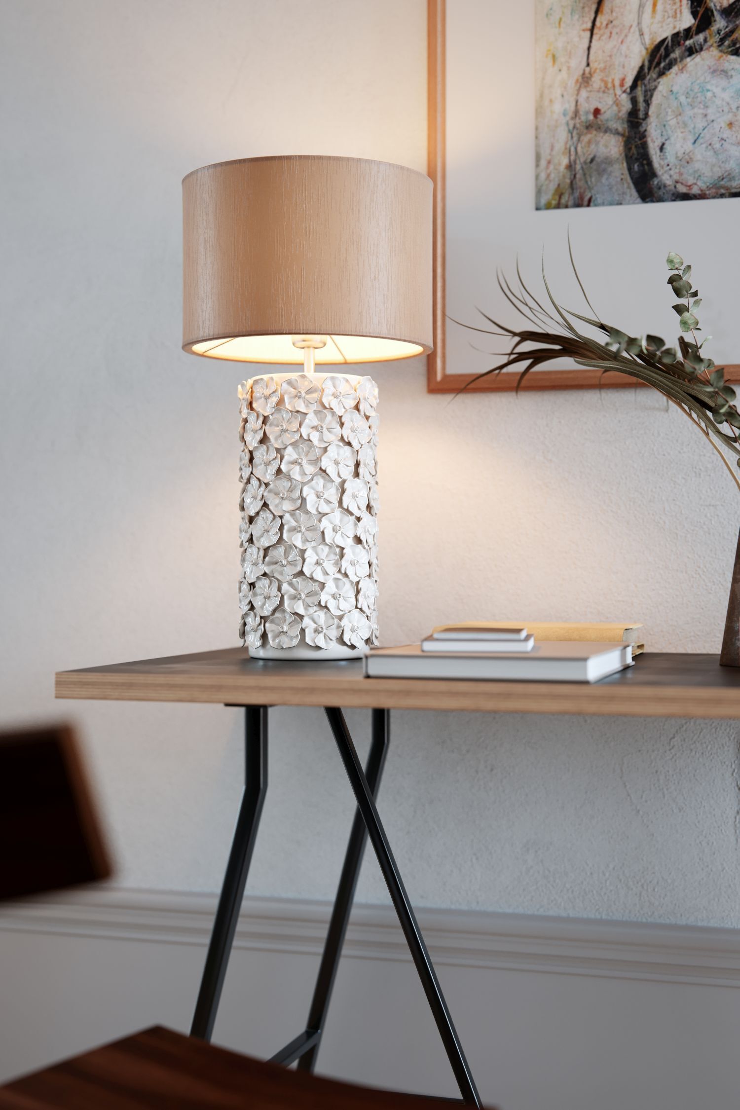 Lampe de table céramique tissu 54,5 cm de haut Beige E27 Floral Lampe, Mobiliar, Tabelle, Schreibtisch, Tischlampe