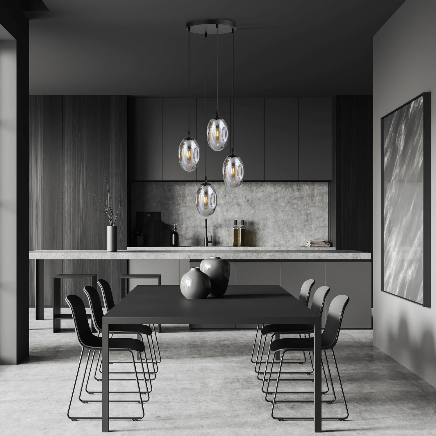 Suspension noir gris 4 flammes E14 verre fumé