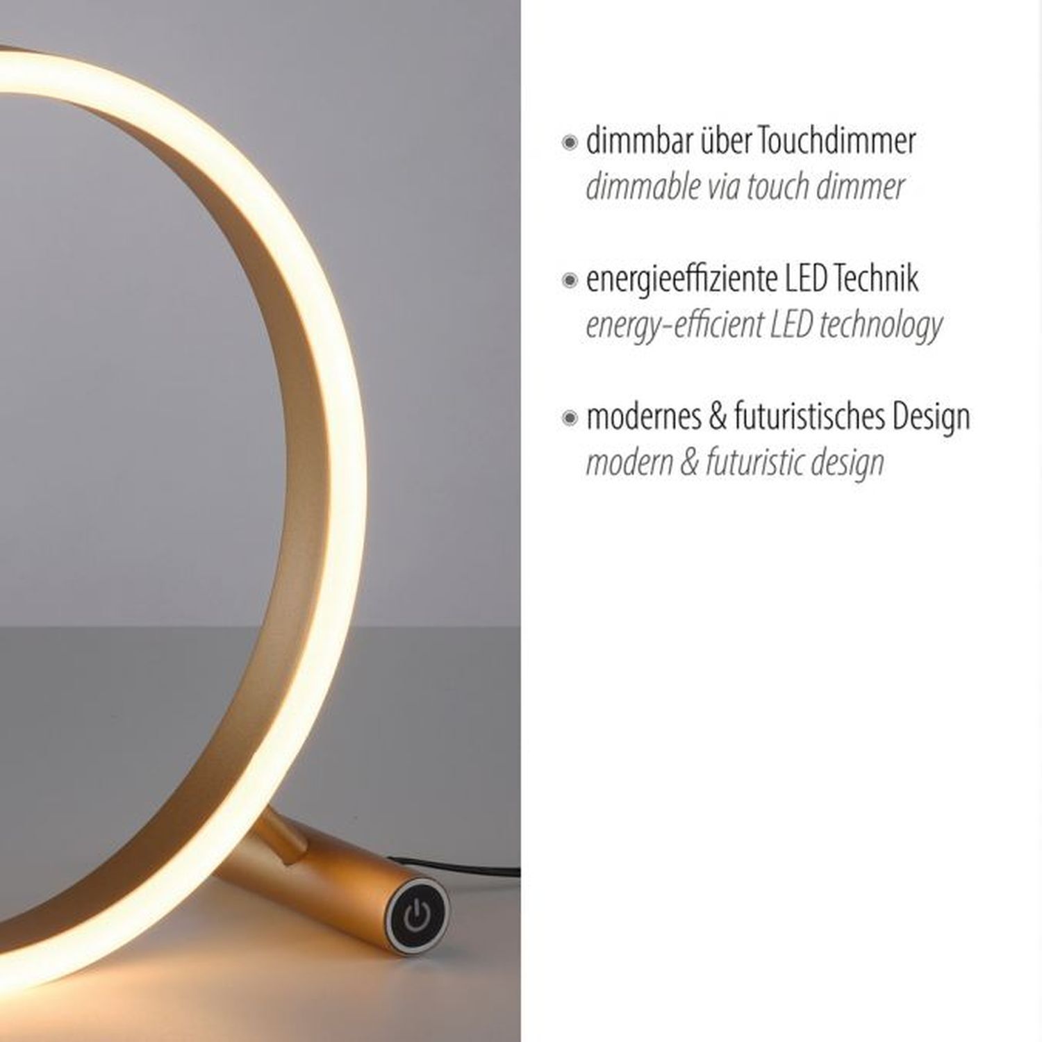 Dimmbare LED Tischlampe Touch 28 cm Ring in Messing Lampe