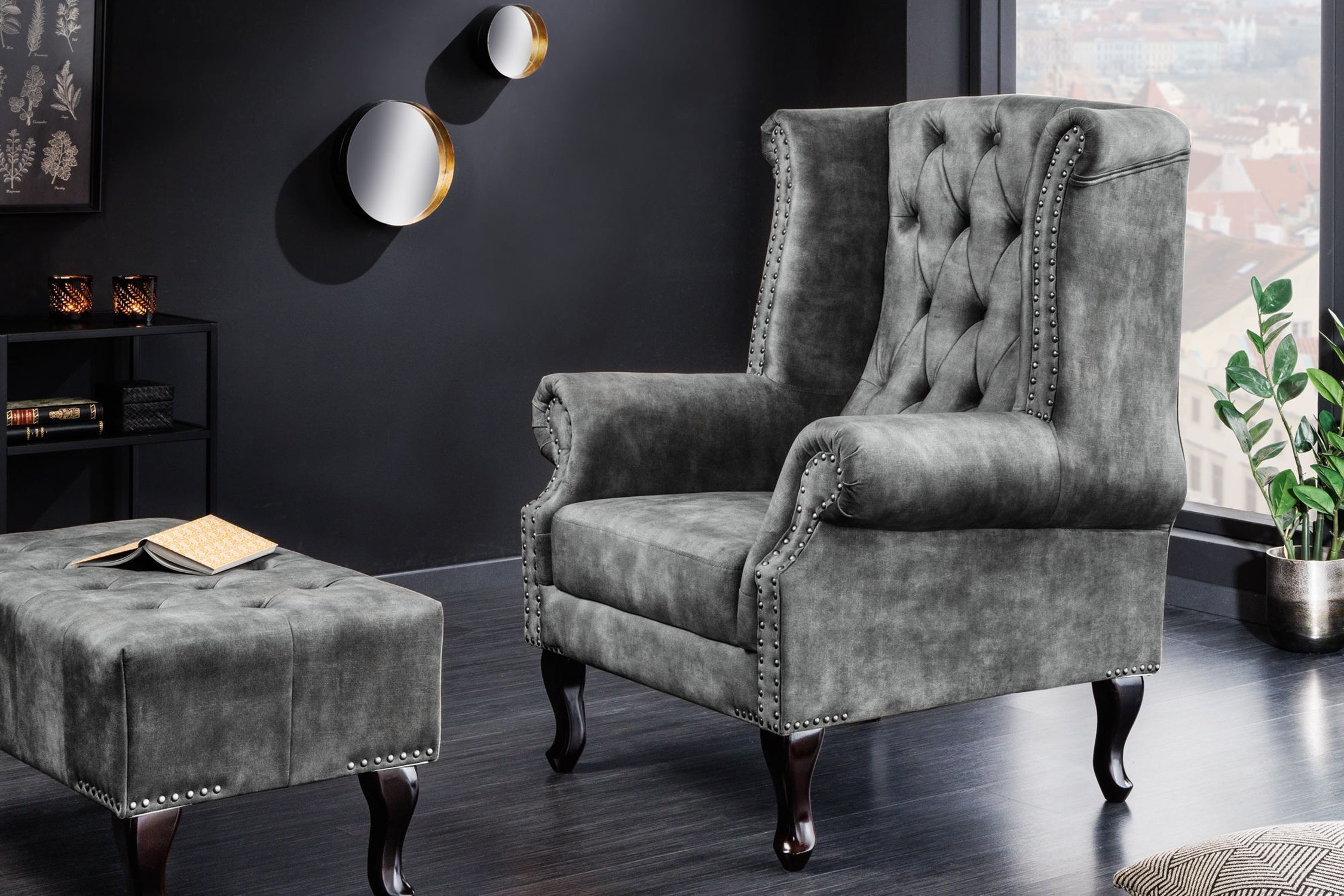 Ohrensessel Samt Holz in Grau Braun B: 85 cm Chesterfield Moebel, Buch, Veröffentlichung, Pflanze, Stuhl