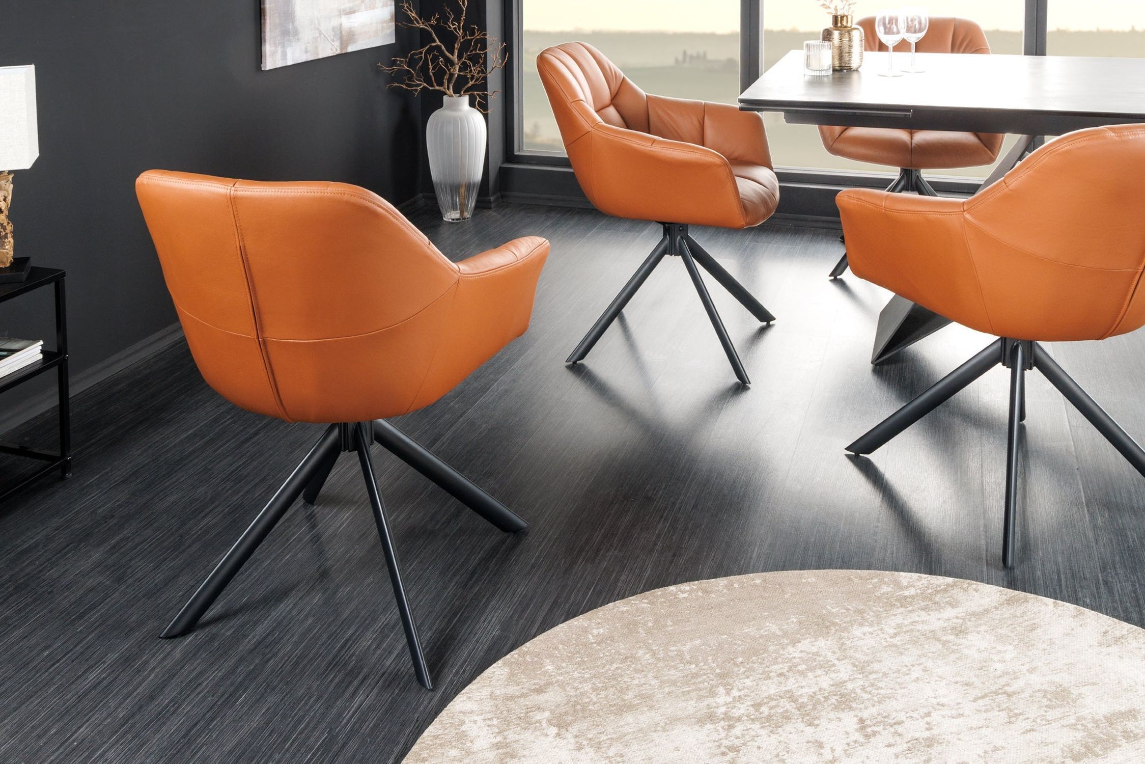 Chaise pivotante cuir métal L : 65 cm sans roulettes en cognac noir Fußboden, Mobiliar, Tabelle, Bodenbeläge, Inneneinrichtung