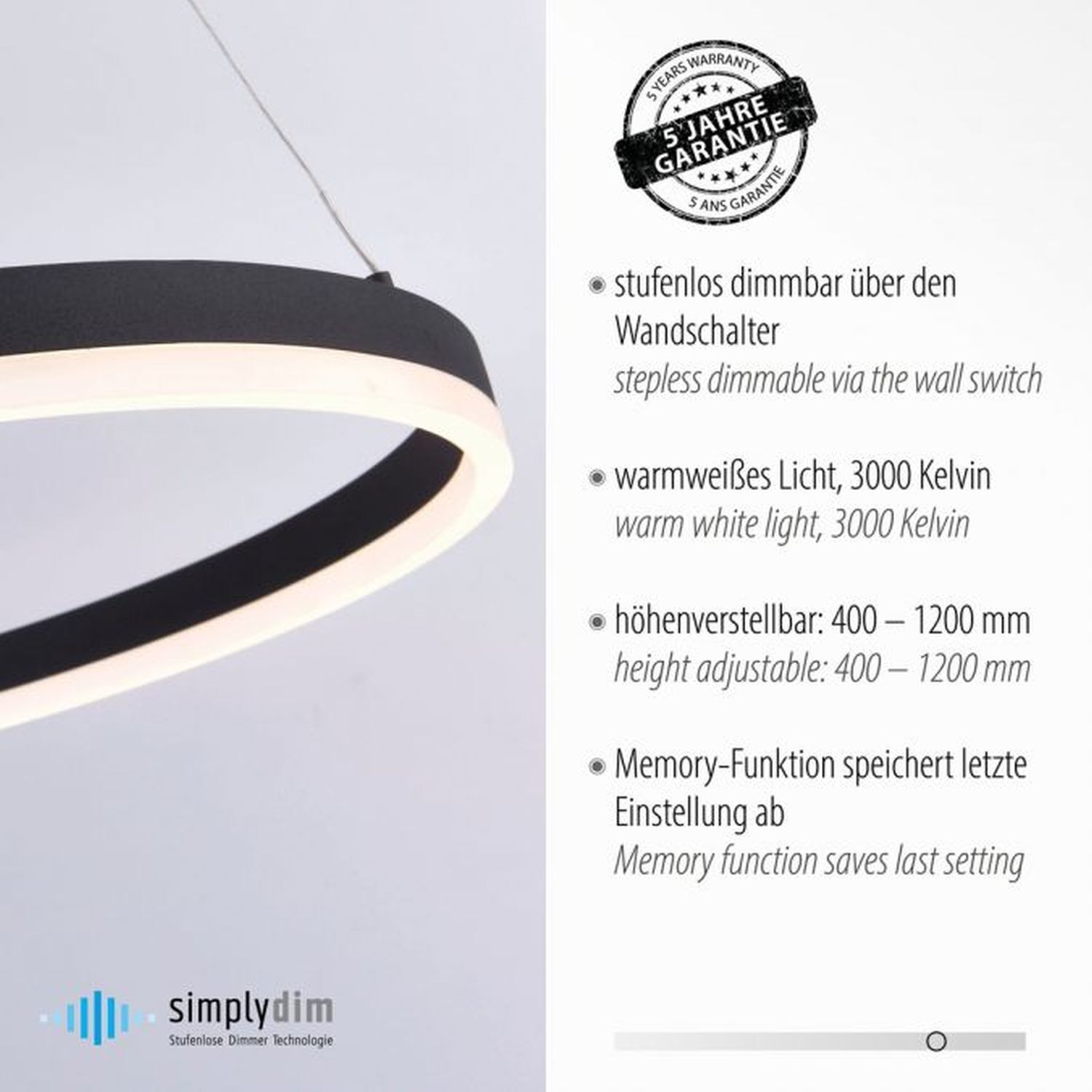 Suspension LED Anthracite dimmable 3000 K Ø80 cm Anneau Lampe