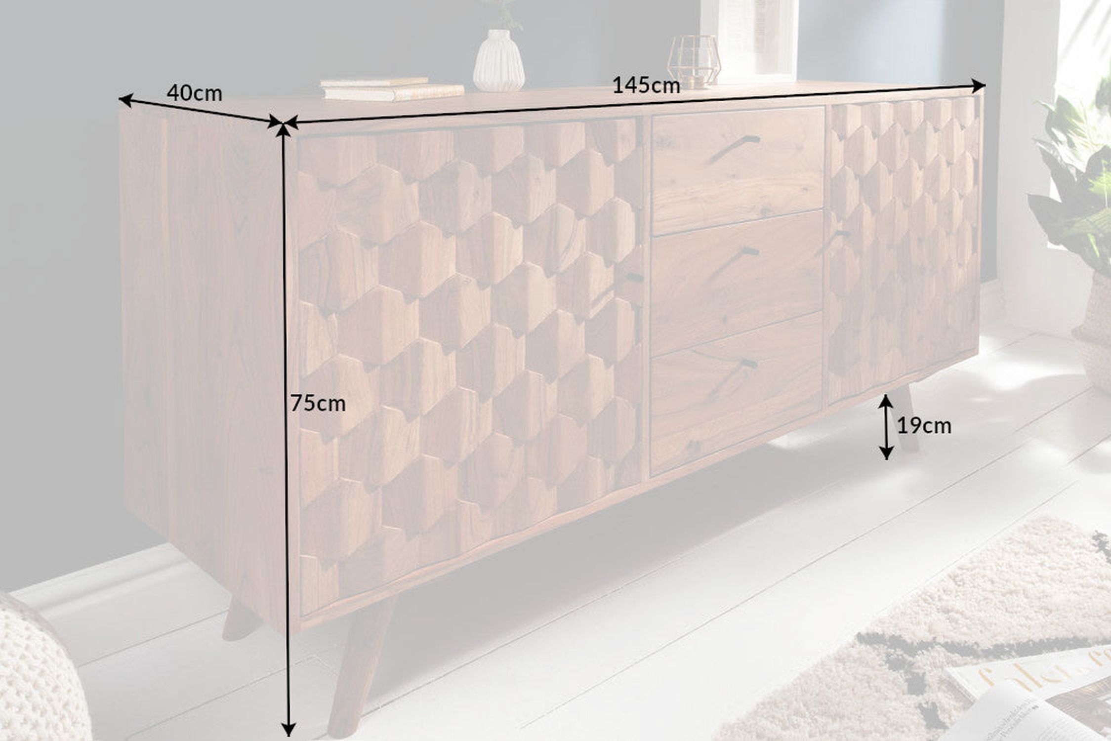 Sideboard Akazie 145 x 75cm 3D-Fronten Retro Schubladen Türen Moebel, Anrichte, Drinnen, Innenarchitektur, Tabelle
