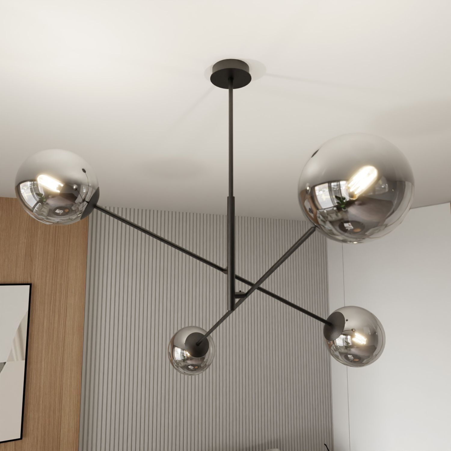 Plafonnier orientable L : 102 cm E14 4-flamme Abat-jour sphérique