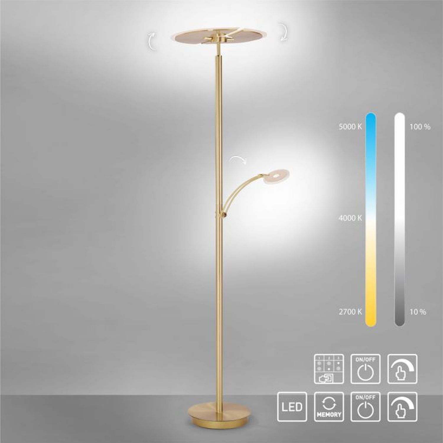 Lampadaire LED lampe de lecture en laiton verre 200 cm dimmable Lampe