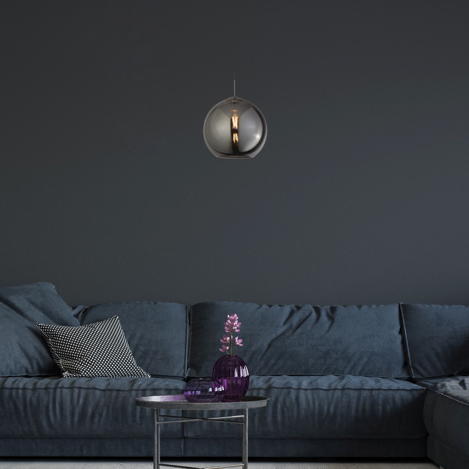 Lampe à suspendre verre fumé E27 Ø 30 cm sphère abat-jour gris noir