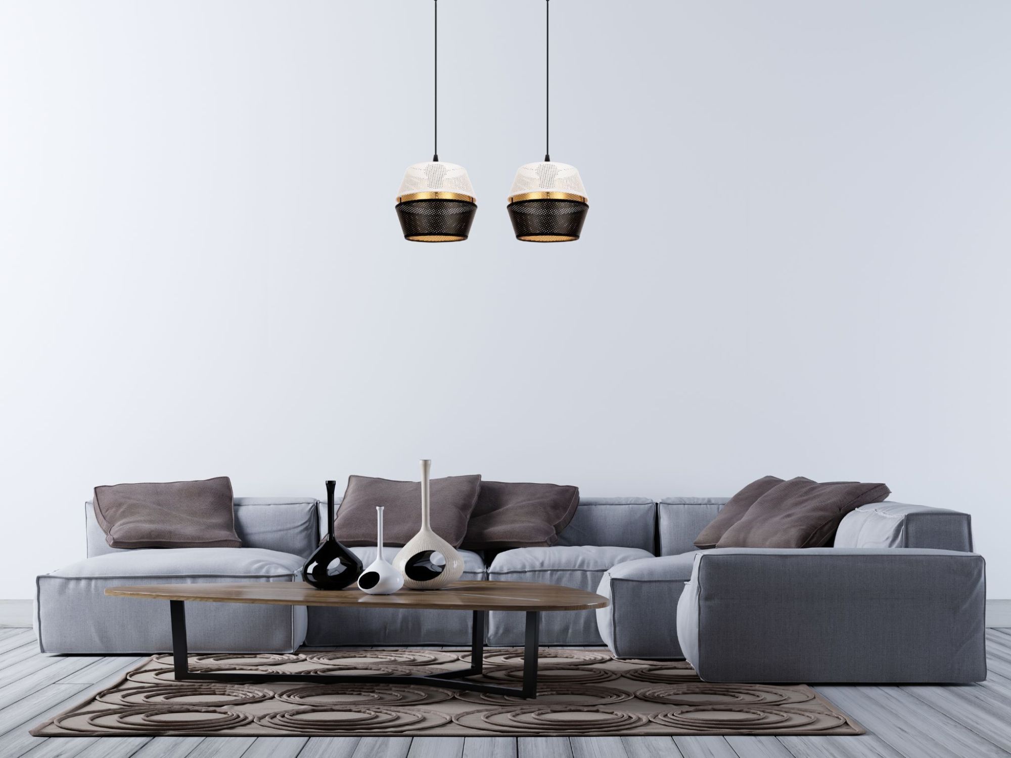 Longue lampe suspendue 2 flammes métal noir blanc or Couch, Wohnzimmer, Dekoration Ihres Zuhauses, Innenarchitektur, Tabelle