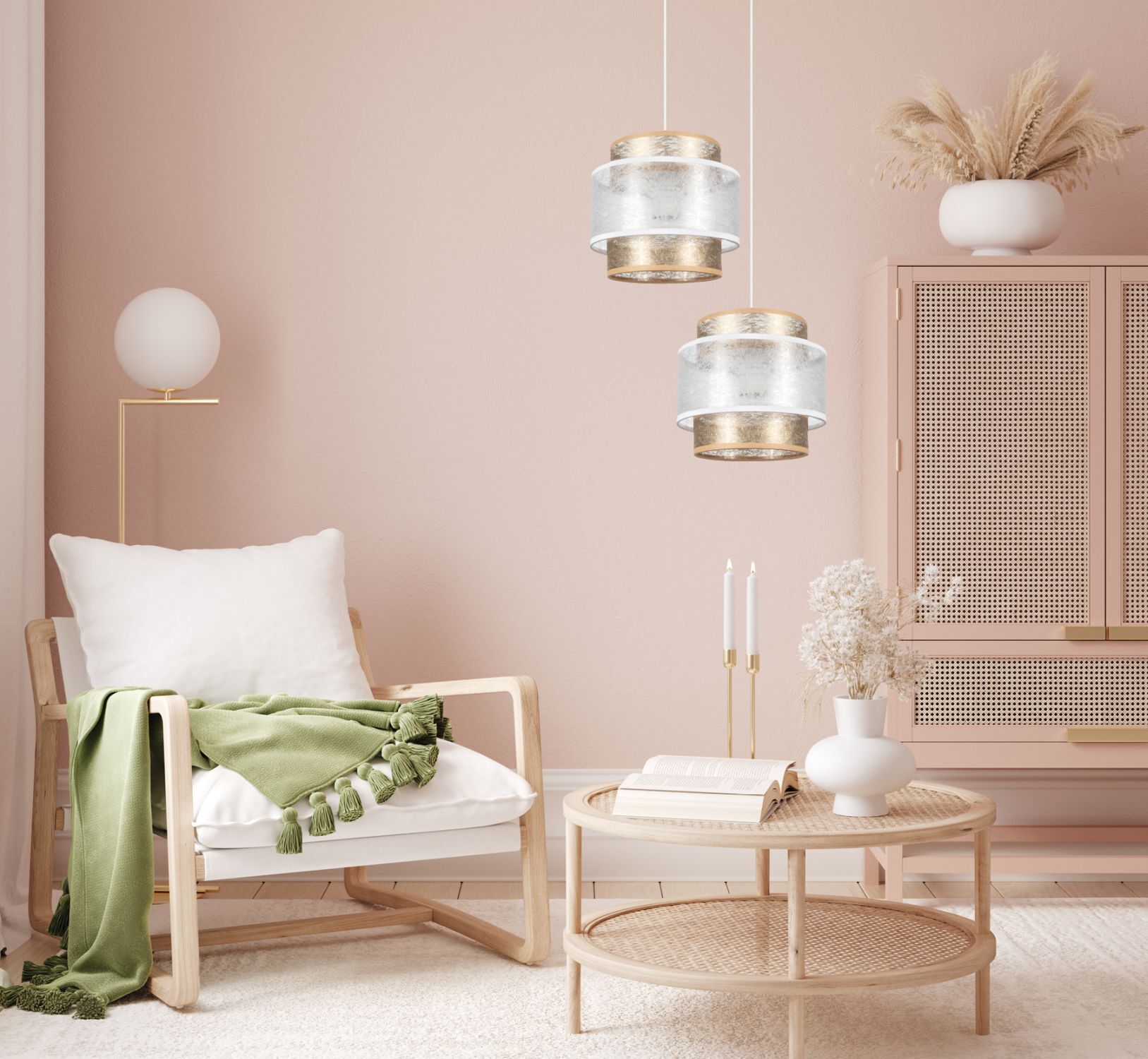 Tissu Suspension Blanc Or E27 2 feux L:33 cm