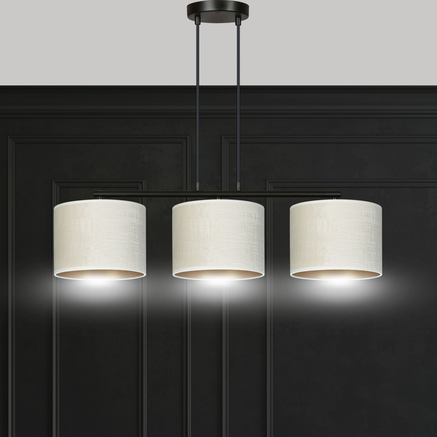Lampe à suspendre tissu métal L : 72 cm noir blanc or 3x E27