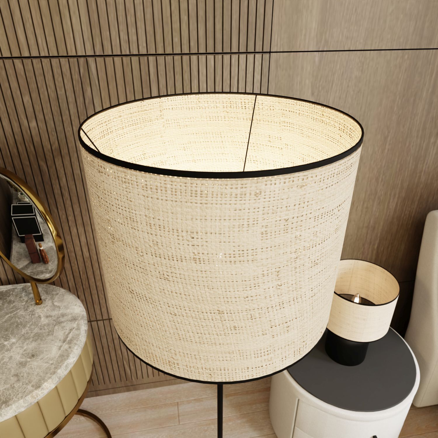 Lampadaire Rotin Métal E27 142 cm Noir Naturel Moderne