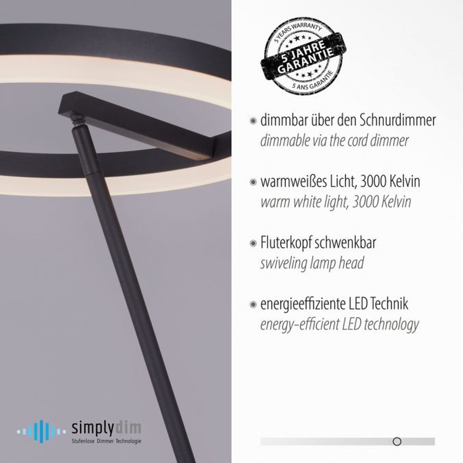 Lampadaire LED anthracite dimmable blanc chaud 20 W 215 cm