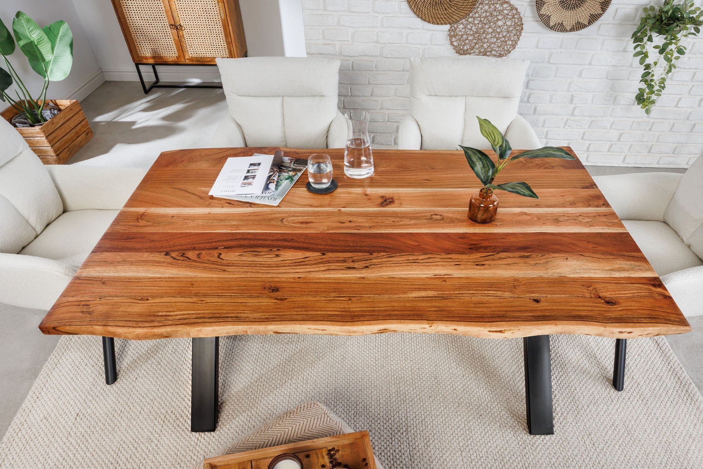 Table de salle à manger bord d'arbre en bois d'acacia métal 160 x 90 cm Moebel, Tabelle, Tischplatte, Holz, Hartholz