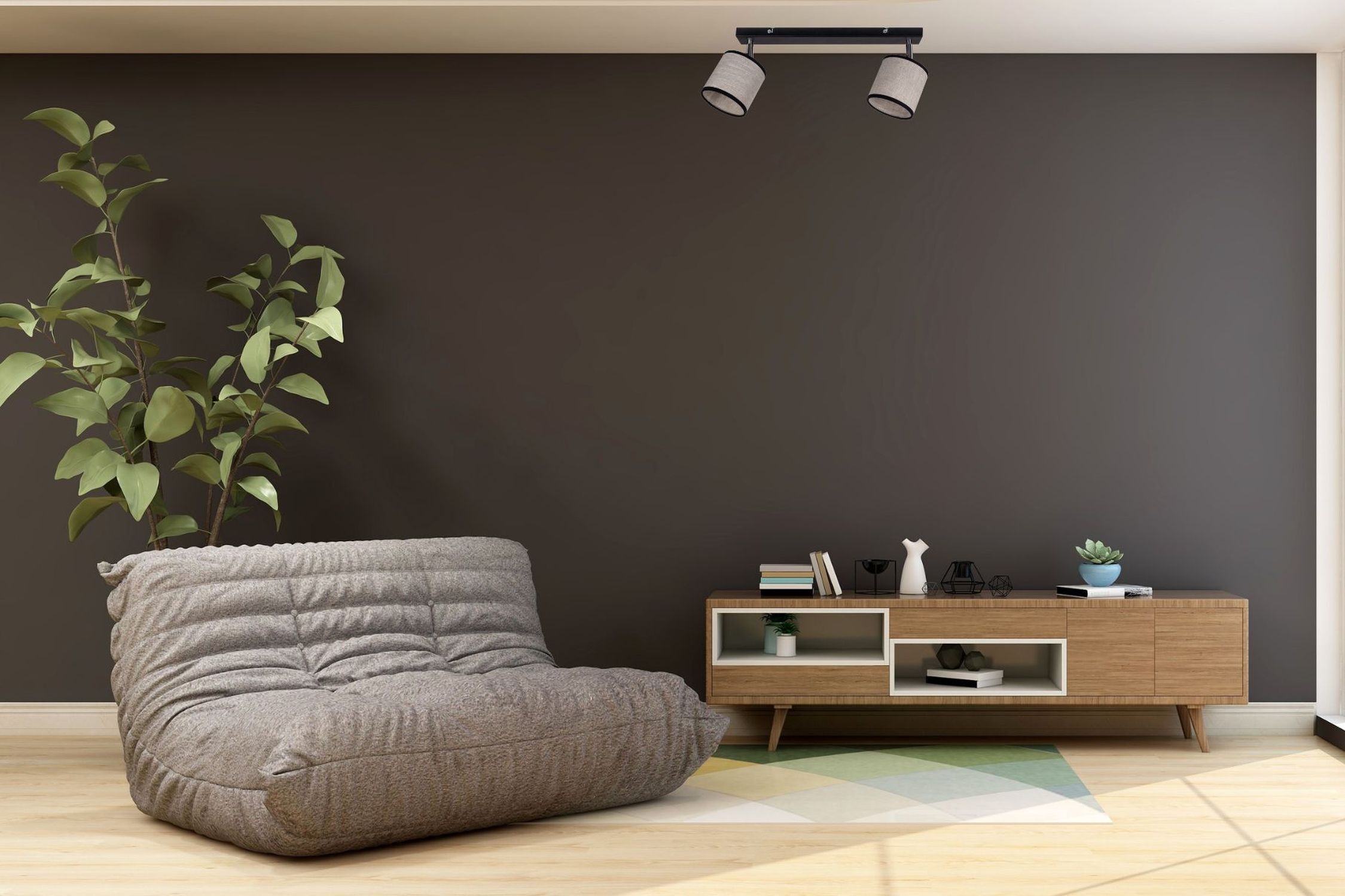 Beweglicher Deckenspot Stoff Schwarz Beige E14 L:55 cm Sitzsack, Wohnzimmer, Dekoration, Holz TV-Konsole, Pflanze