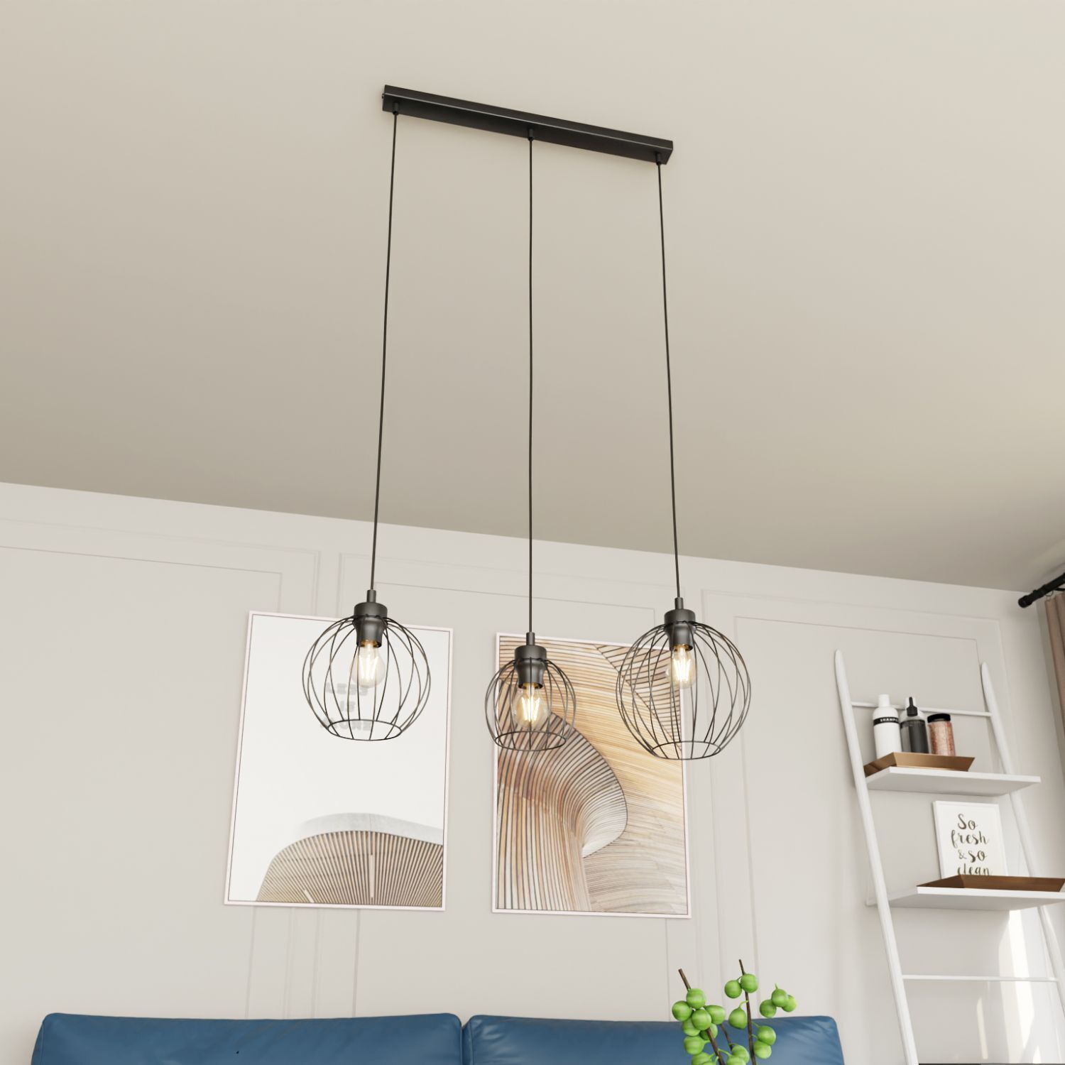 Lange Pendelleuchte Draht E27 L:77 cm Metall Schwarz pendant light, hanging lamp, industrial cage, black wire, three-light