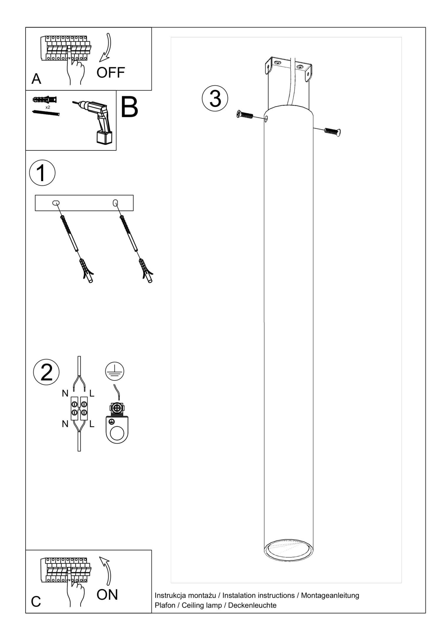 Plafonnier haut blanc 60 cm Ø 6 cm étroit GU10