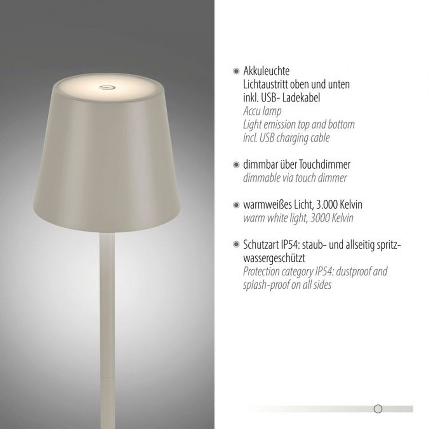 Lampe de table LED rechargeable en métal IP54 Touch Variation d'intensité en gris Lampe, Lampenschirm