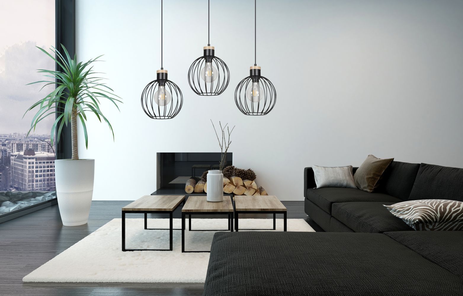 Lampe à suspendre Rétro Noir Métal Boule Abat-jour 3 flammes
