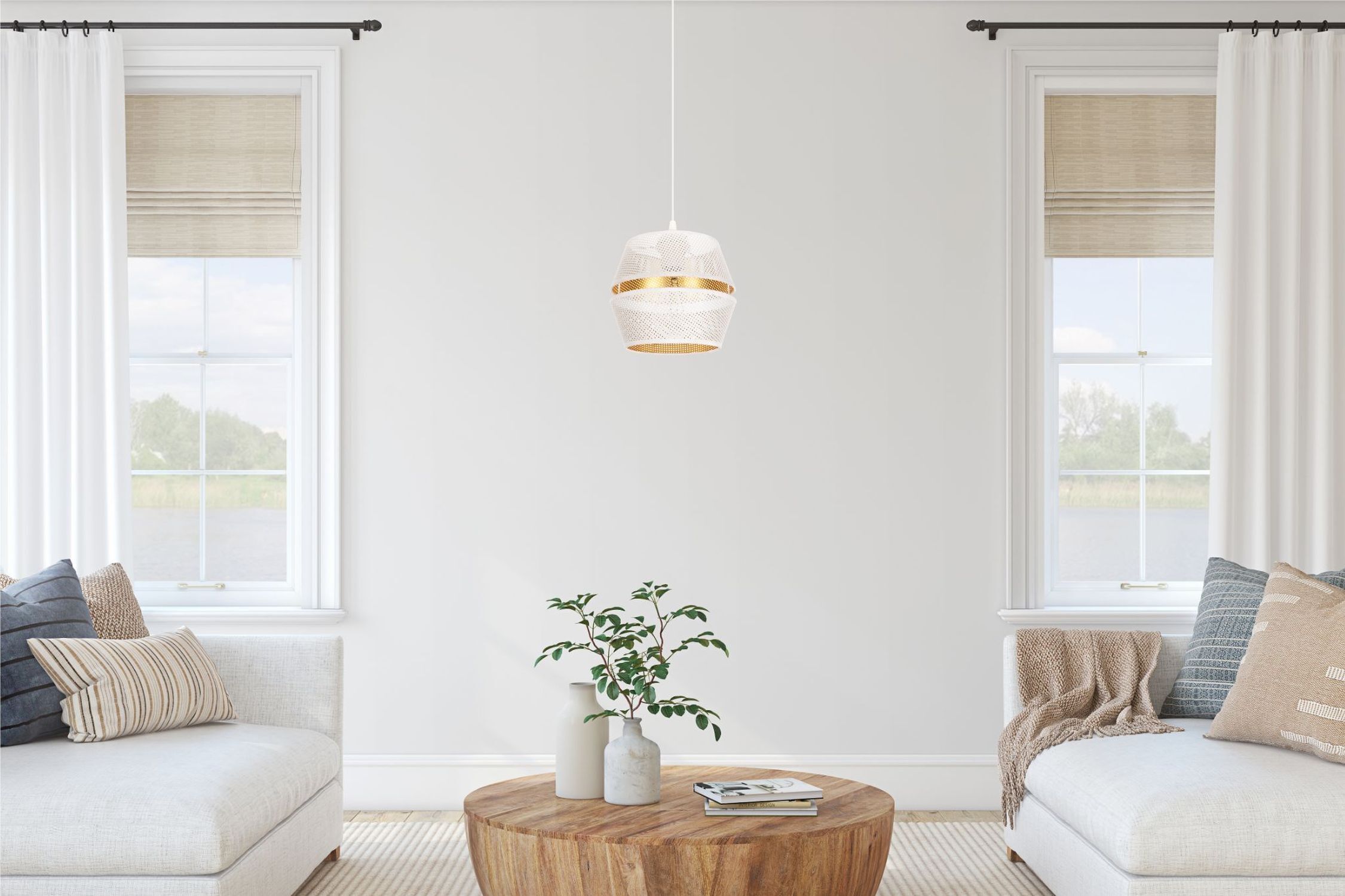 Elégante lampe suspendue métal blanc or E27 Ø20 cm ronde