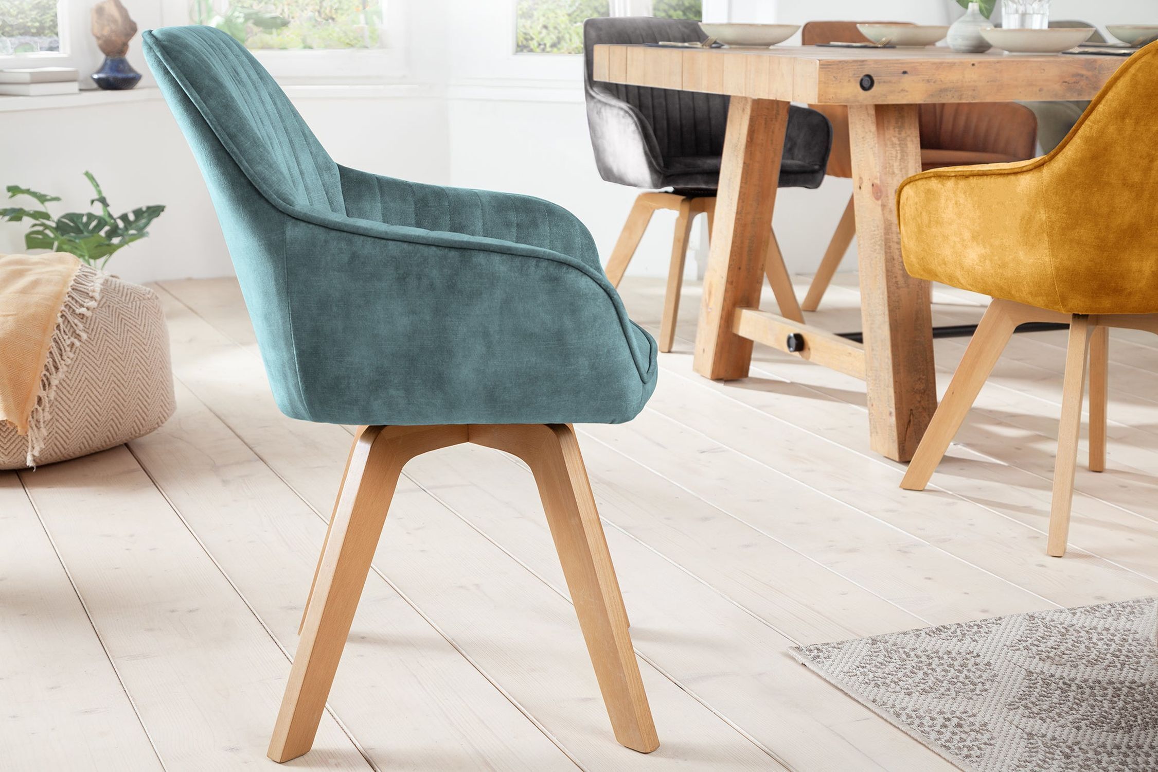 Chaise de bureau pivotante velours bois pétrole nature design rétro Moebel, Stuhl, Holz, Drinnen, Innenarchitektur