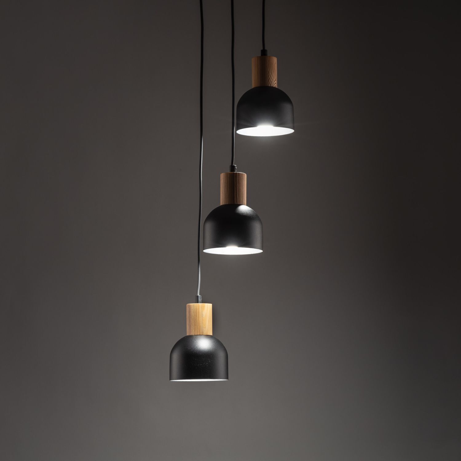 Suspension noir E27 3 flammes métal bois PRESTON Lampe, Kronleuchter