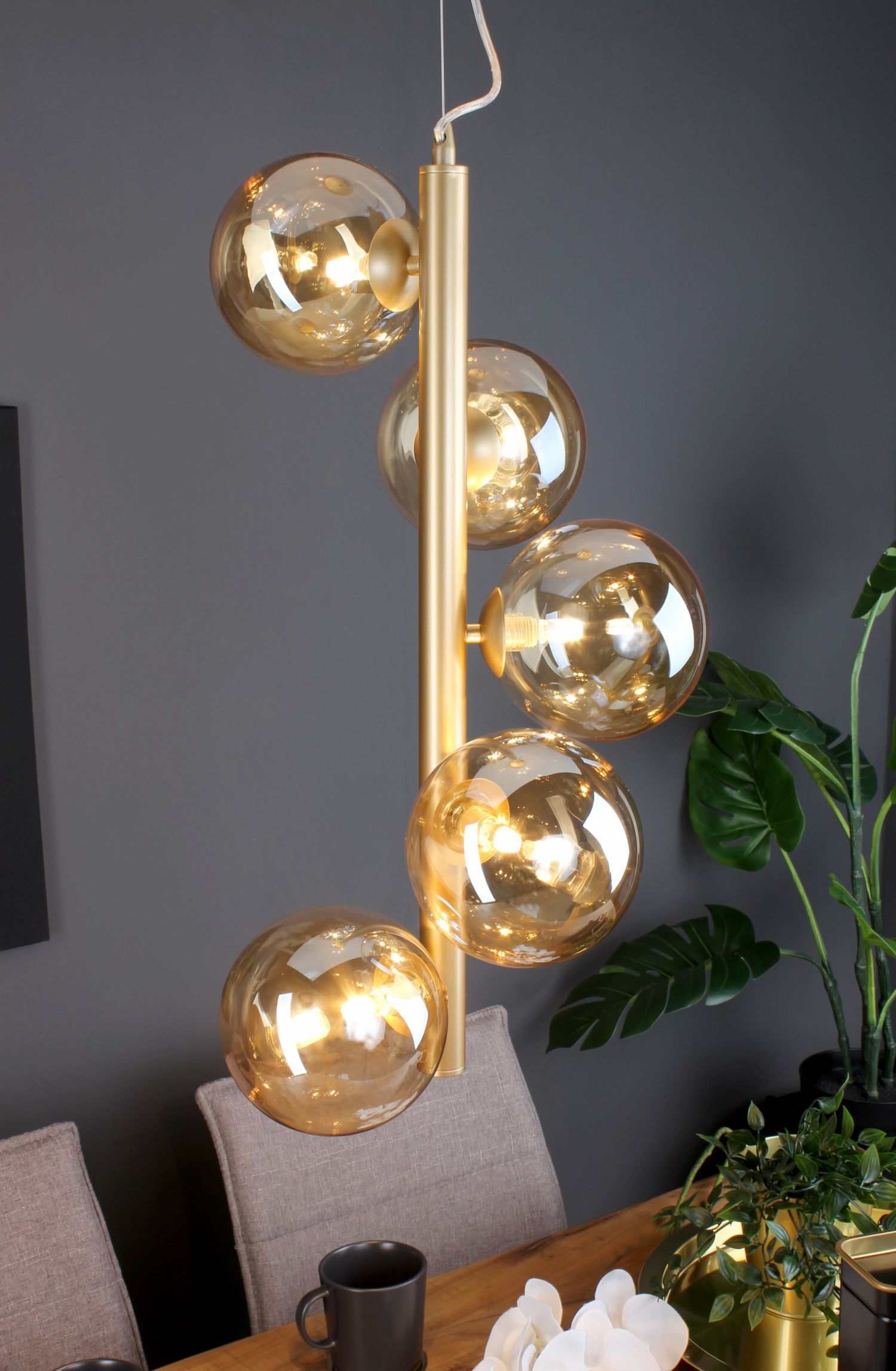 Lampe à suspendre métal verre en laiton champagne 5 flammes